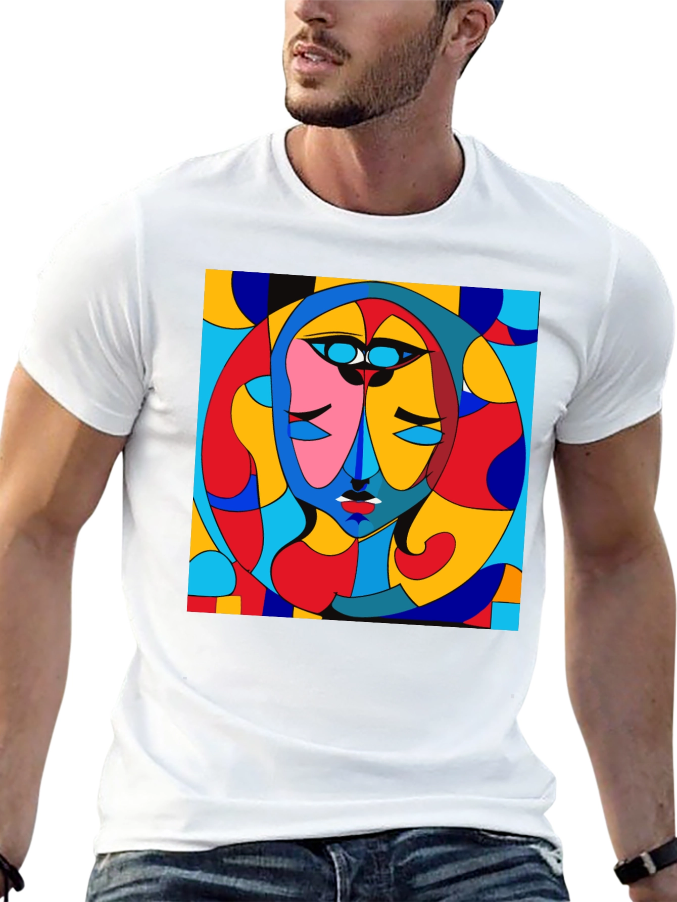 Abstract Art Face Print Black Crew Neck T-Shirt