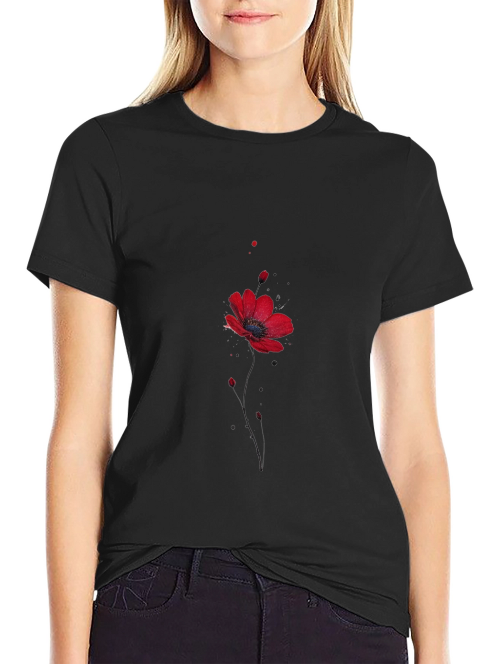 Floral Poppy Print Black T-Shirt