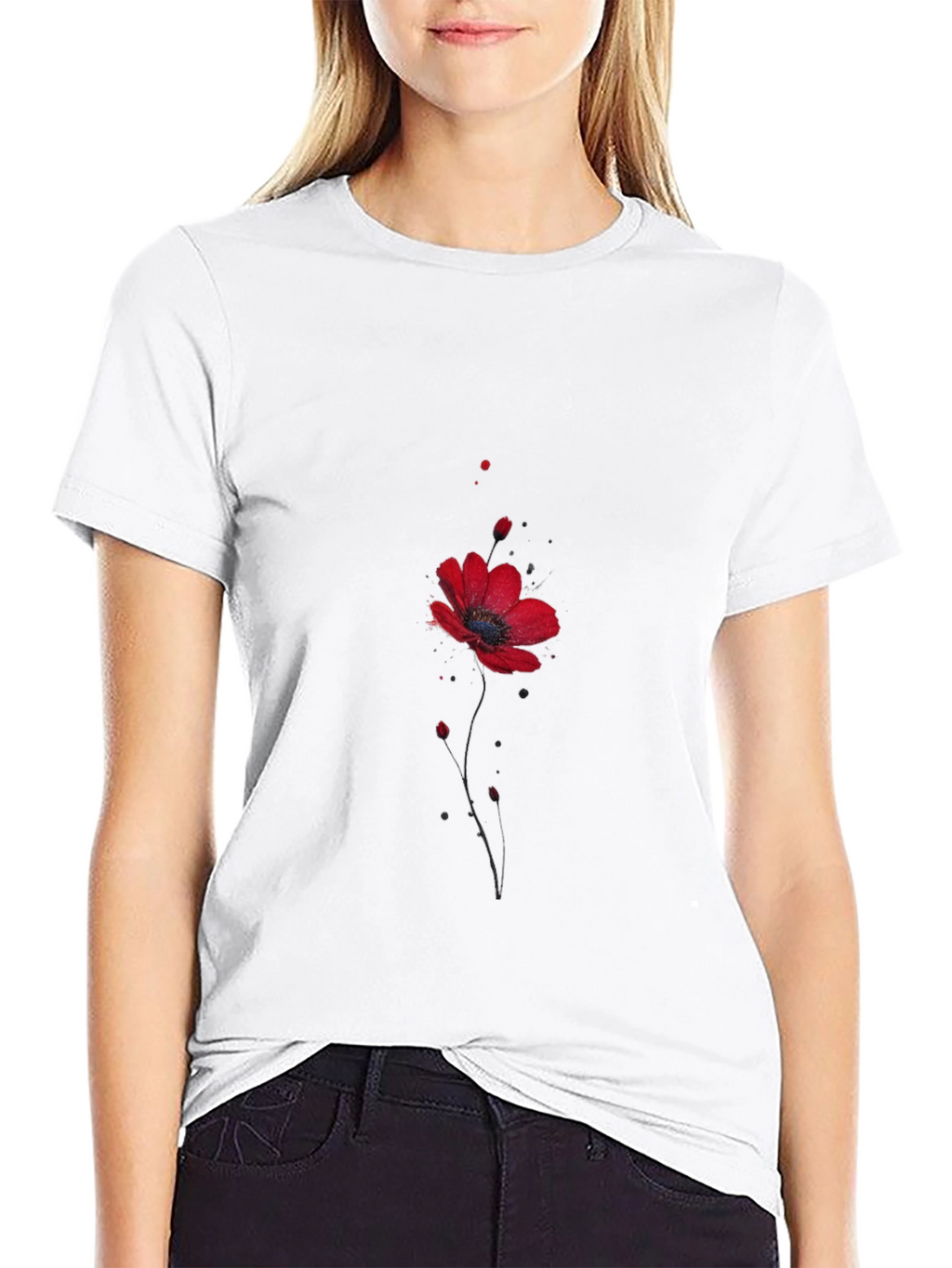 Floral Poppy Print Black T-Shirt