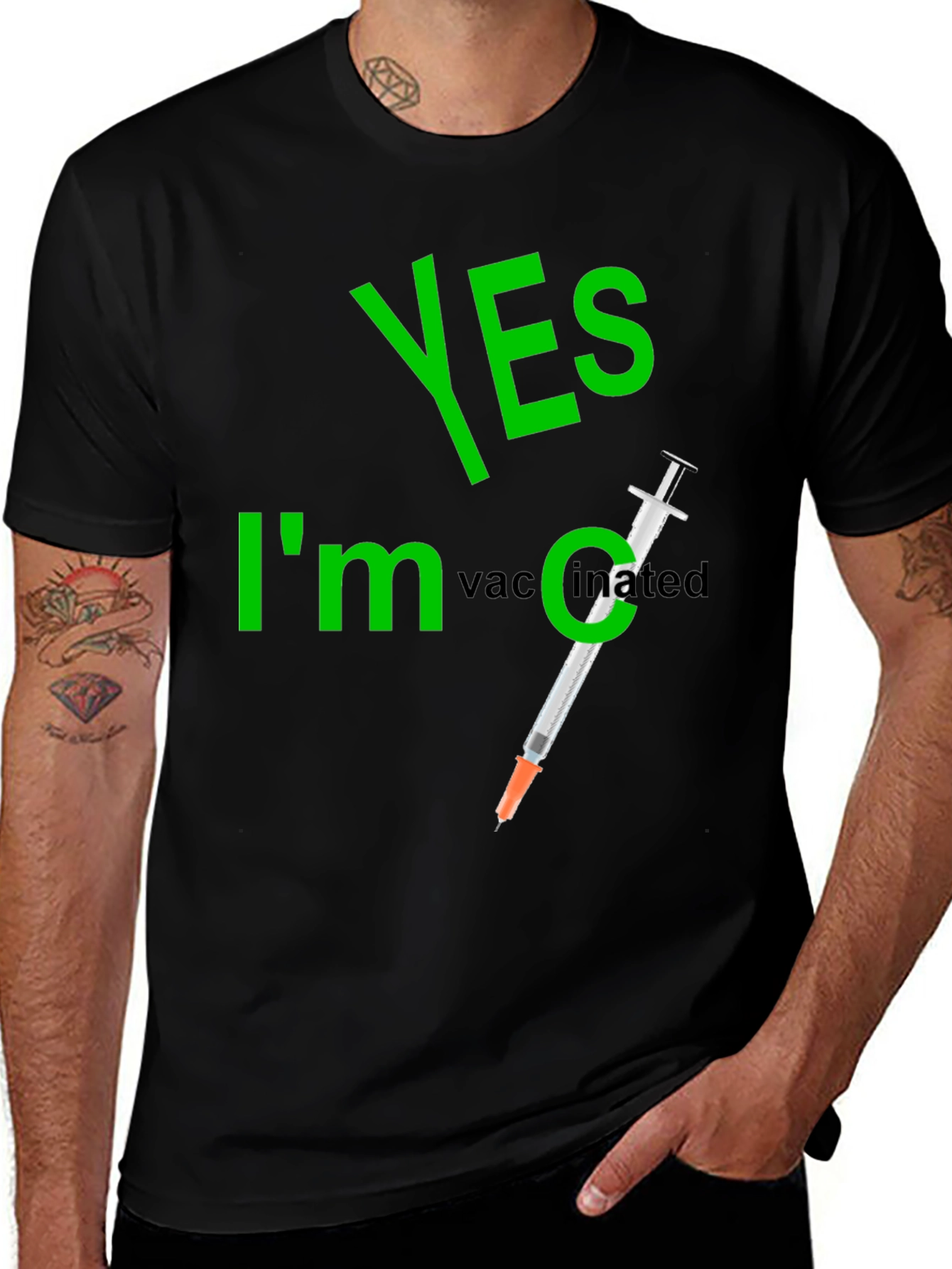 Yes Im Vaccinated T-Shirt Funny Syringe Black Cotton Tee