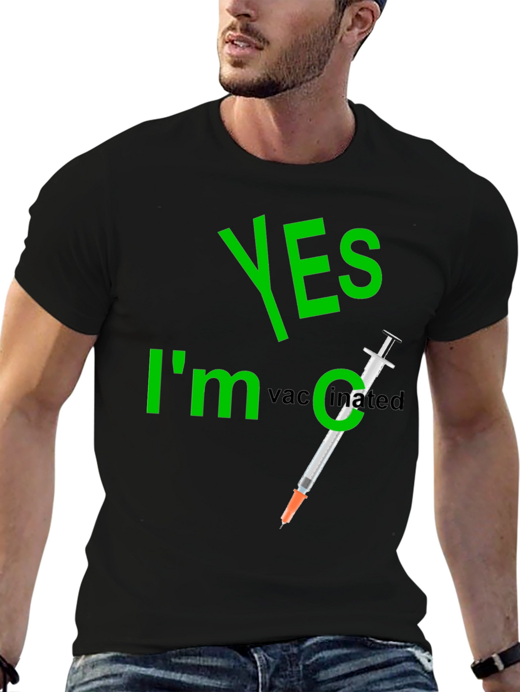 Yes Im Vaccinated T-Shirt Funny Syringe Black Cotton Tee