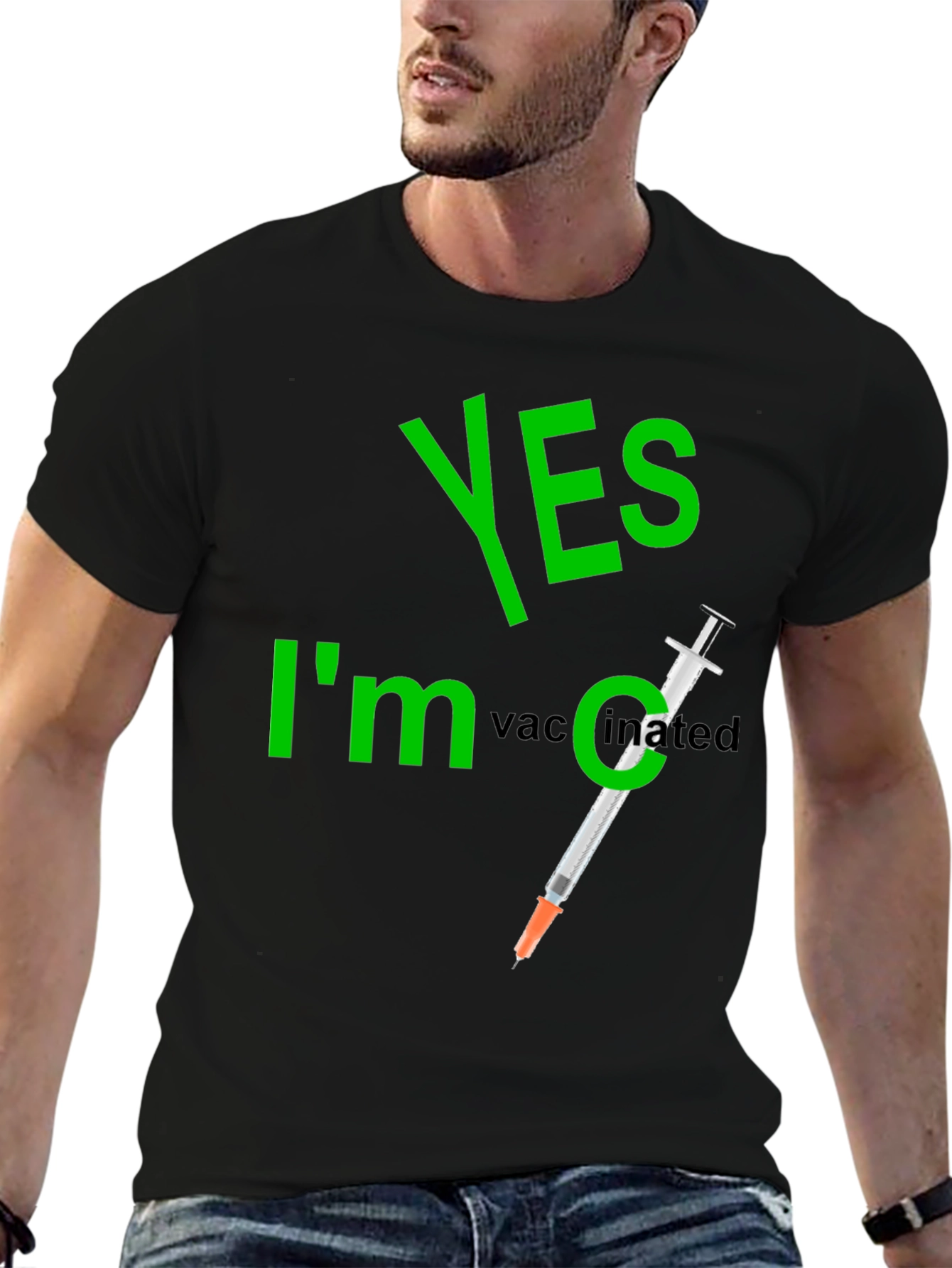Yes Im Vaccinated T-Shirt Funny Syringe Black Cotton Tee