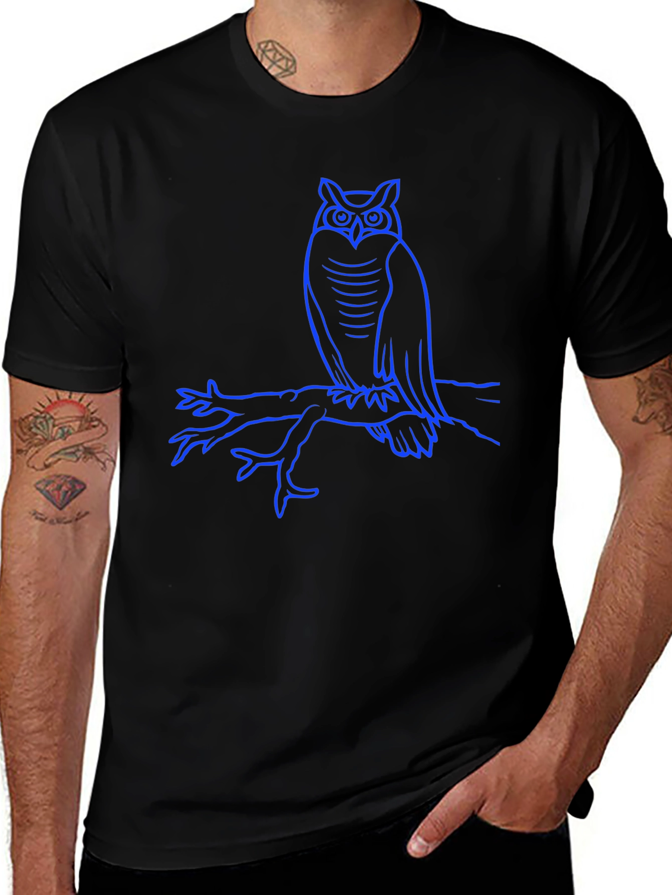 Owl on Branch Graphic Tee - Mens Black T-Shirt