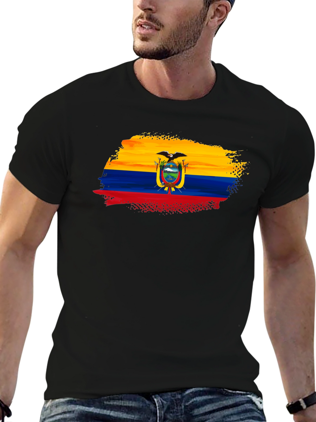 Ecuador Flag Brushstroke Mens Black T-Shirt
