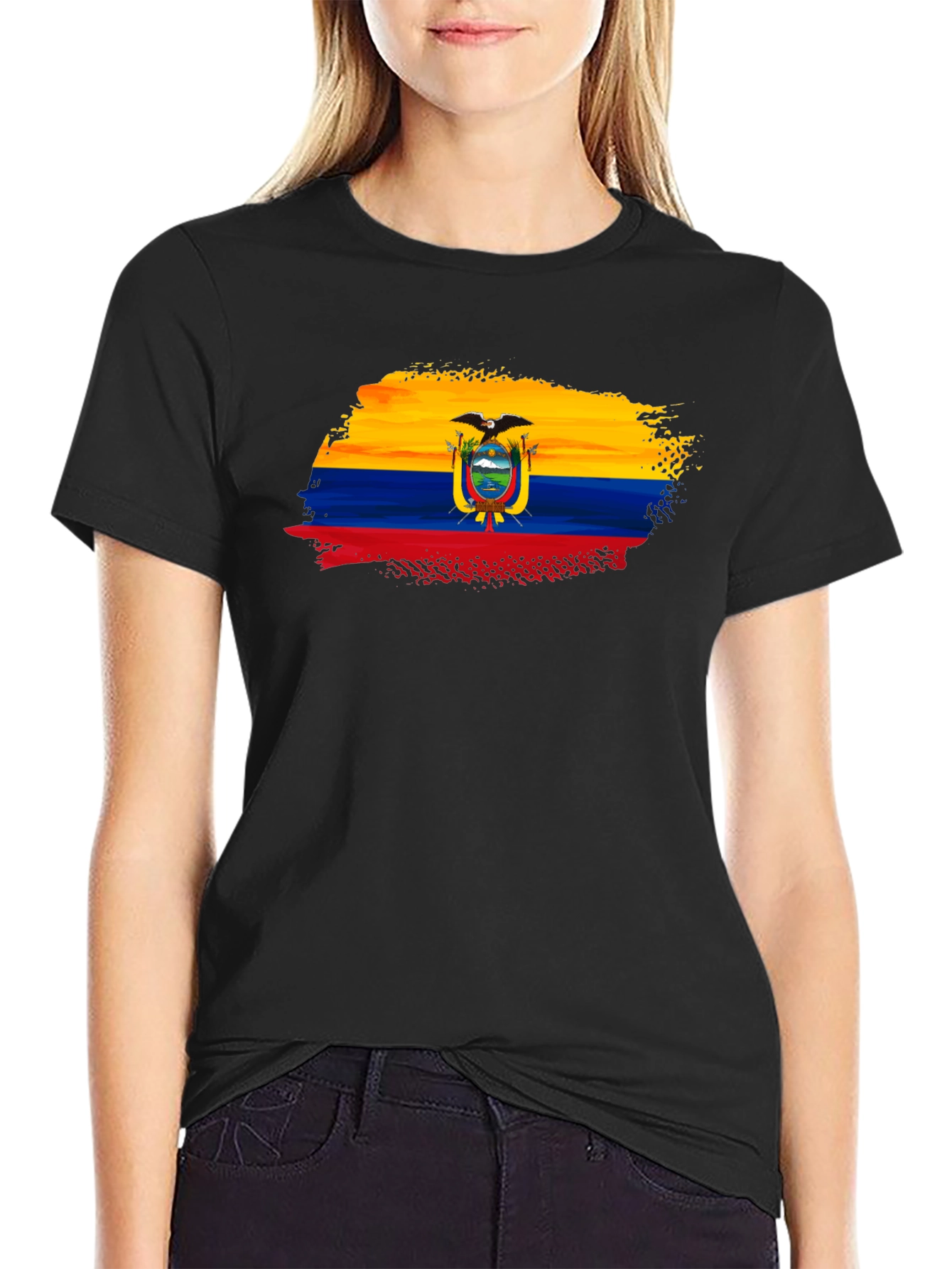 Ecuador Flag Brushstroke Mens Black T-Shirt