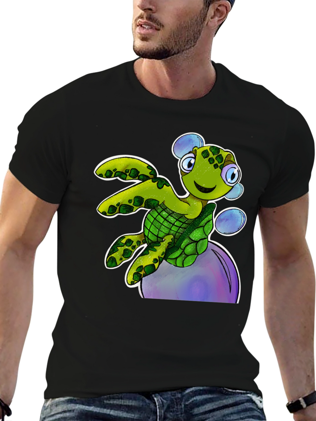 Cartoon Turtle T-Shirt - Black Cotton Tee