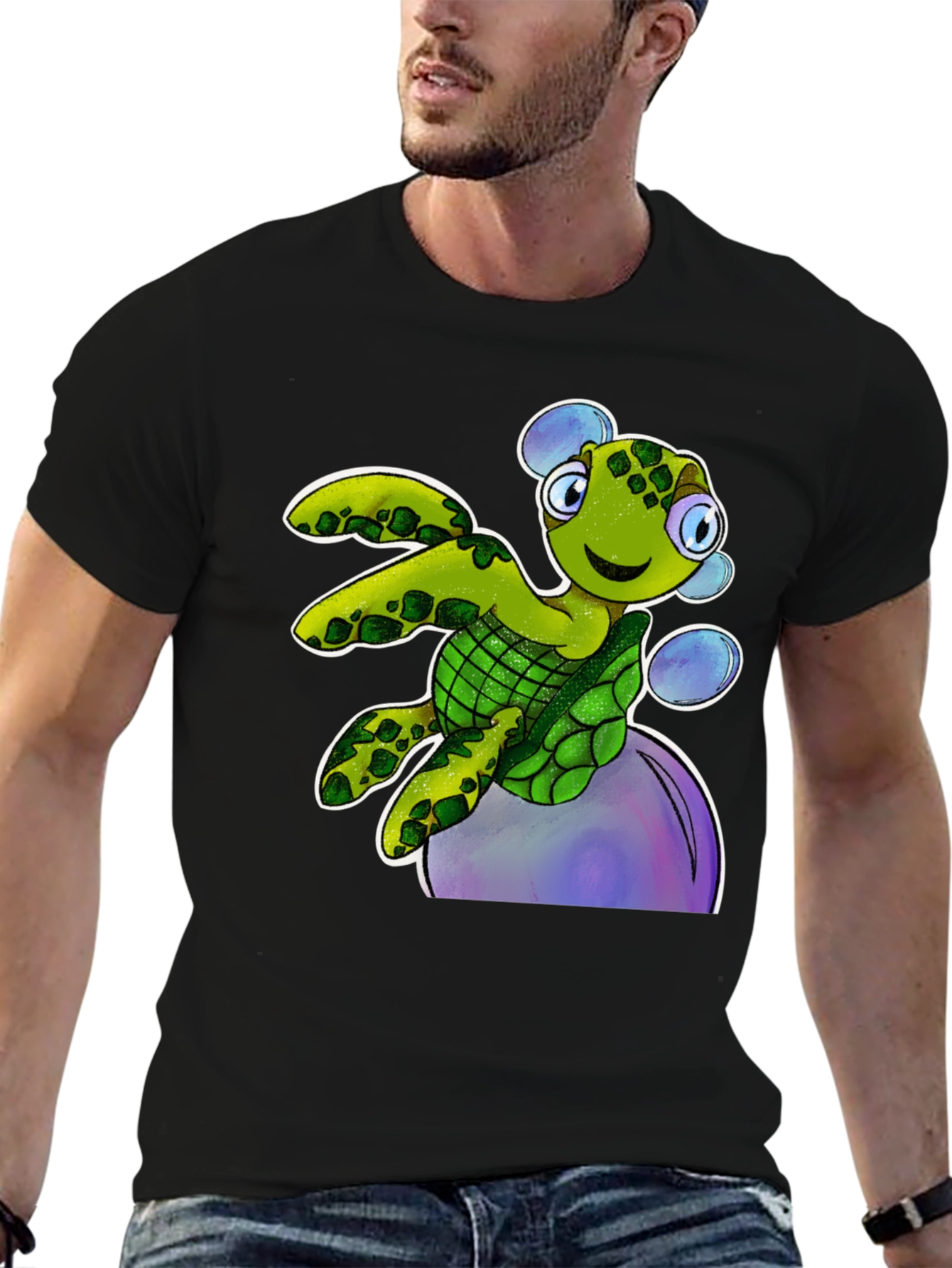 Cartoon Turtle T-Shirt - Black Cotton Tee