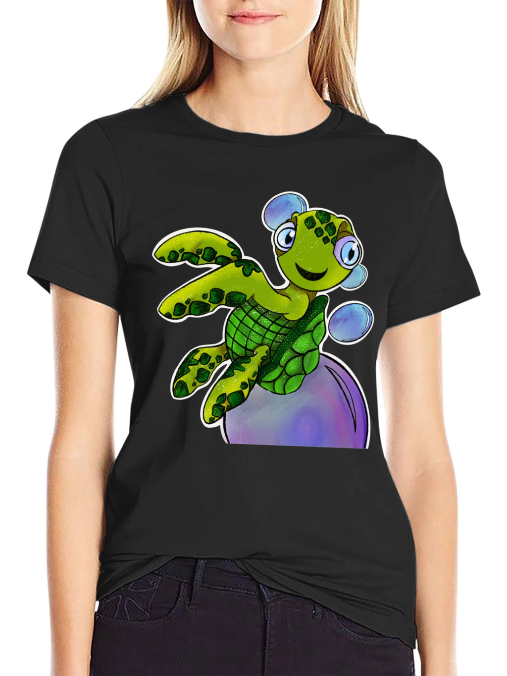 Cartoon Turtle T-Shirt - Black Cotton Tee