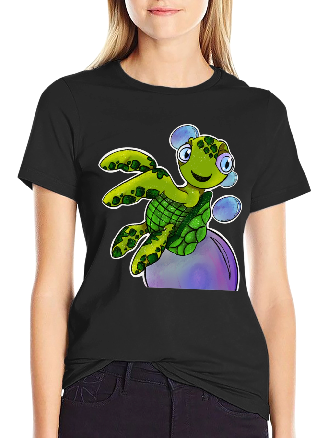 Cartoon Turtle T-Shirt - Black Cotton Tee