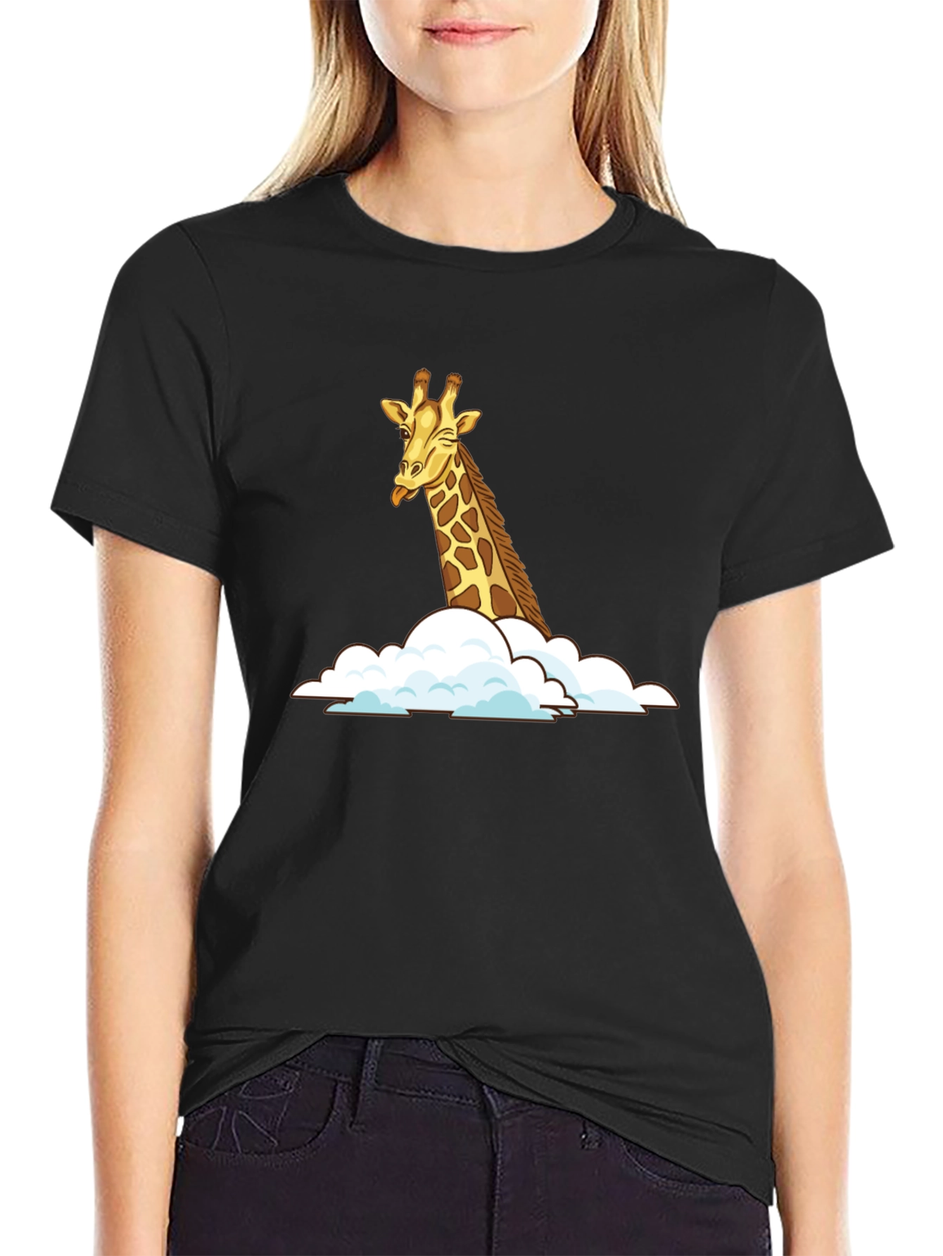 Giraffe in Clouds Black T-Shirt
