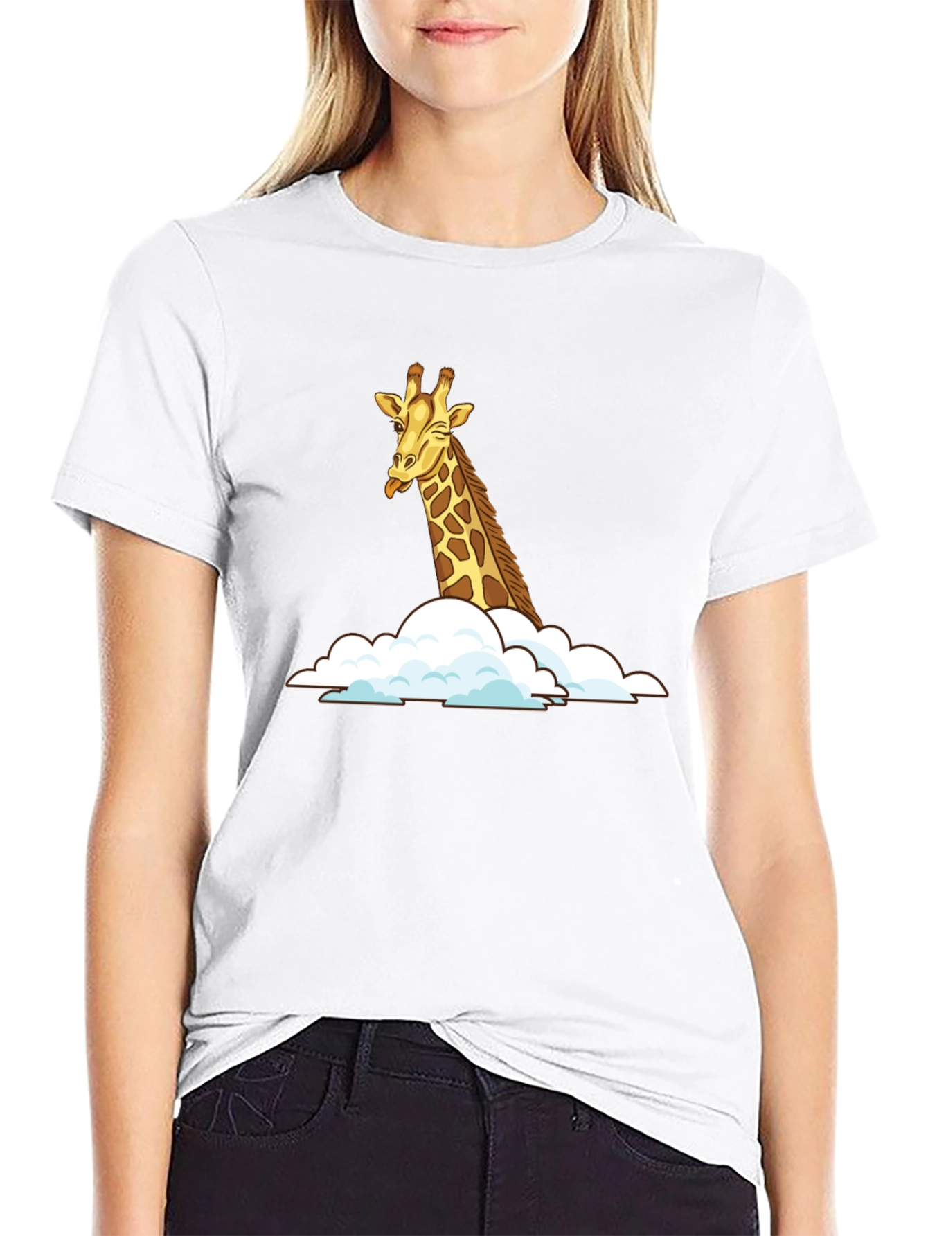 Giraffe in Clouds Black T-Shirt