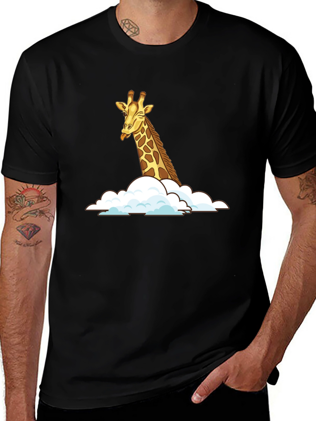 Giraffe in Clouds Black T-Shirt