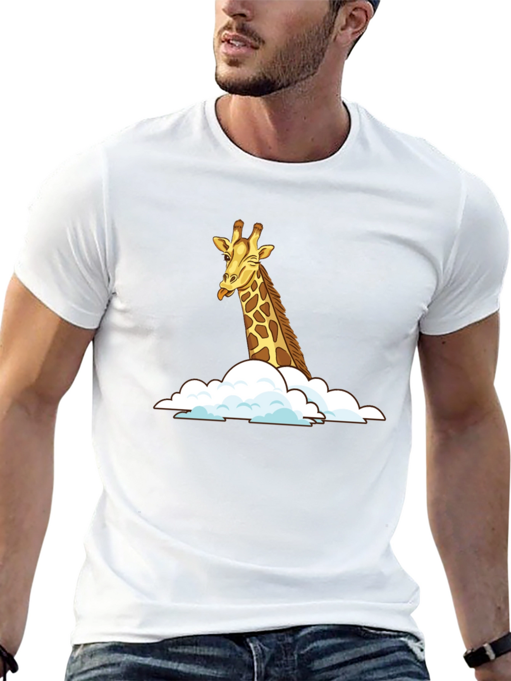 Giraffe in Clouds Black T-Shirt