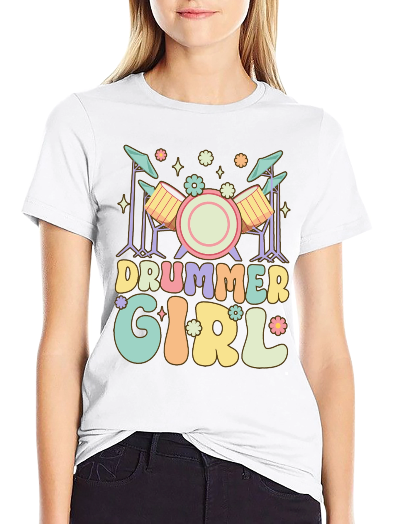 Drummer Girl Graphic Tee - Black Casual T-Shirt