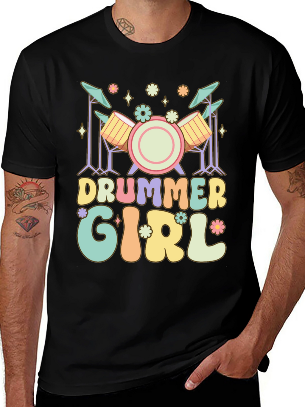 Drummer Girl Graphic Tee - Black Casual T-Shirt