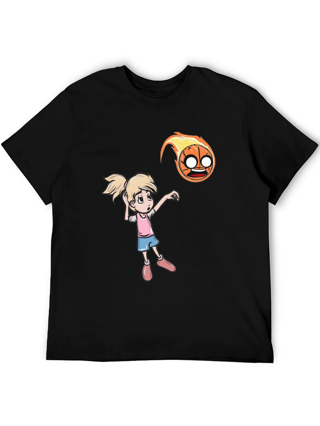 Cartoon Girl vs Flaming Basketball T-Shirt