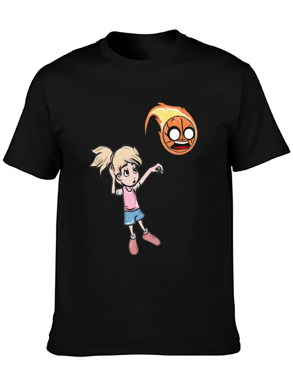Cartoon Girl vs Flaming Basketball T-Shirt