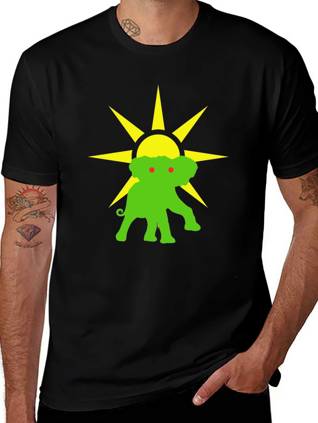 Elephant Sun Graphic Tee - Black Cotton T-Shirt