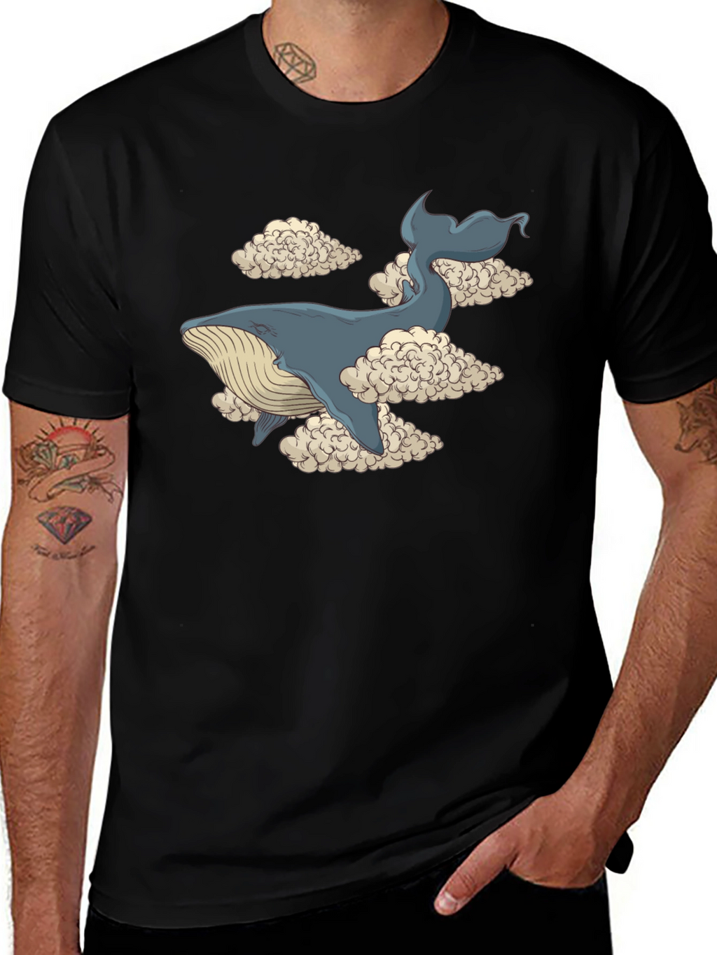 Whale in Clouds Graphic Tee - Black Cotton T-Shirt