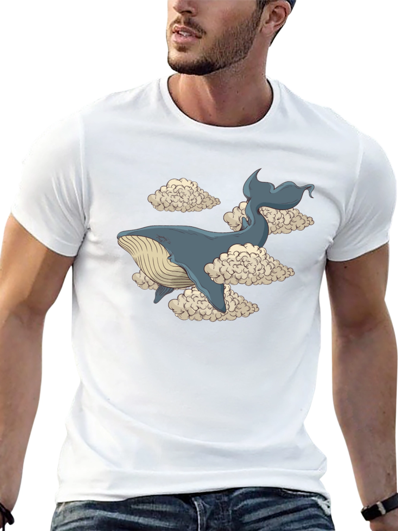 Whale in Clouds Graphic Tee - Black Cotton T-Shirt