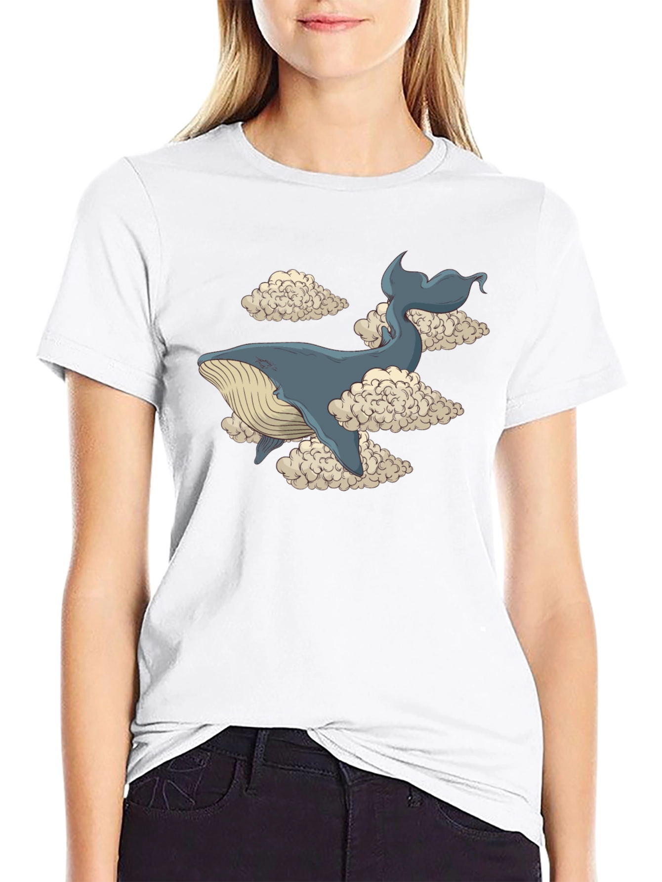 Whale in Clouds Graphic Tee - Black Cotton T-Shirt