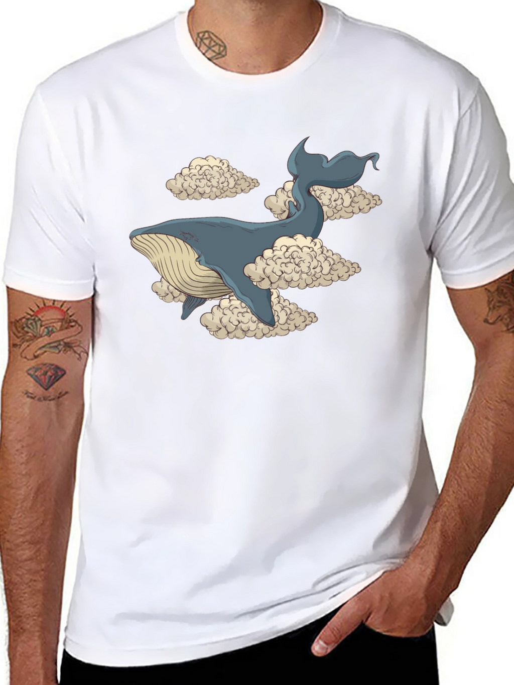 Whale in Clouds Graphic Tee - Black Cotton T-Shirt