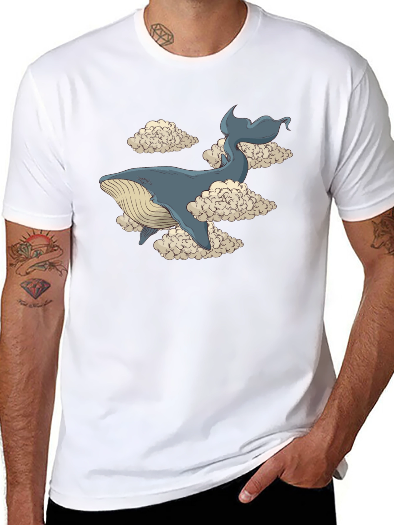 Whale in Clouds Graphic Tee - Black Cotton T-Shirt