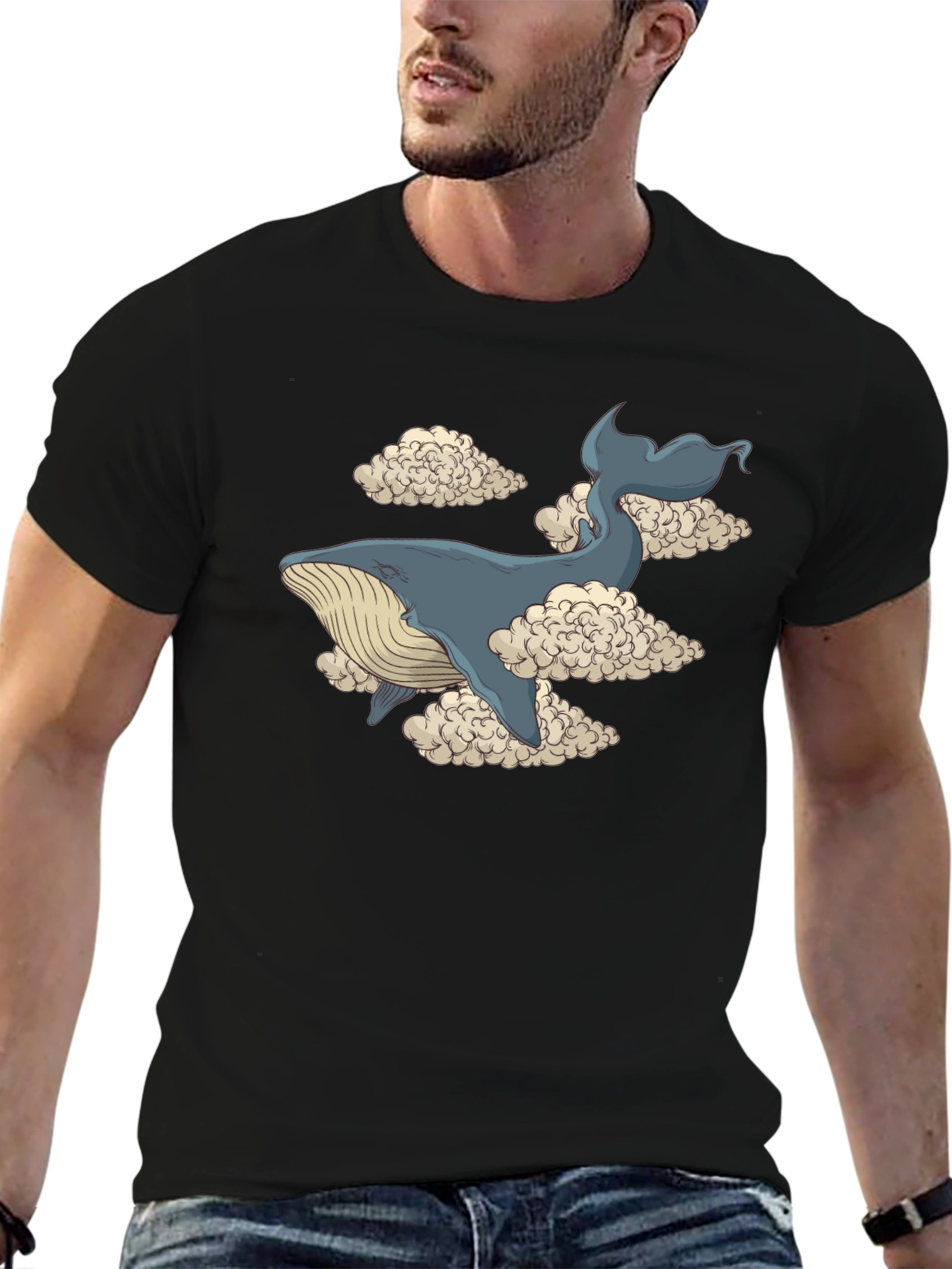 Whale in Clouds Graphic Tee - Black Cotton T-Shirt
