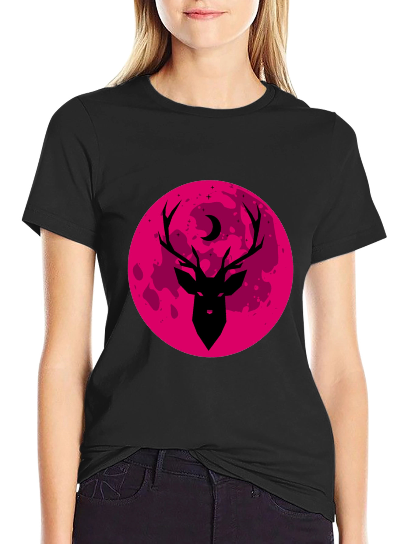 Deer & Moon Graphic Black Tee