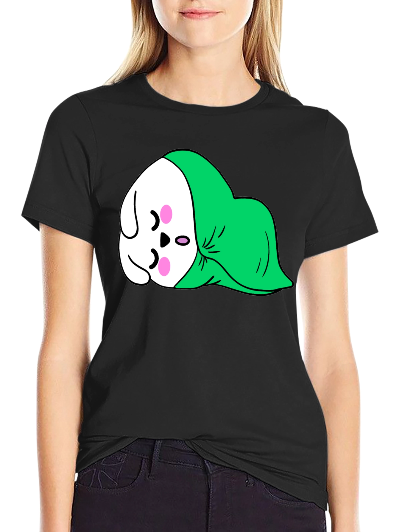 Cute Sleeping Cartoon Graphic Tee - Black
