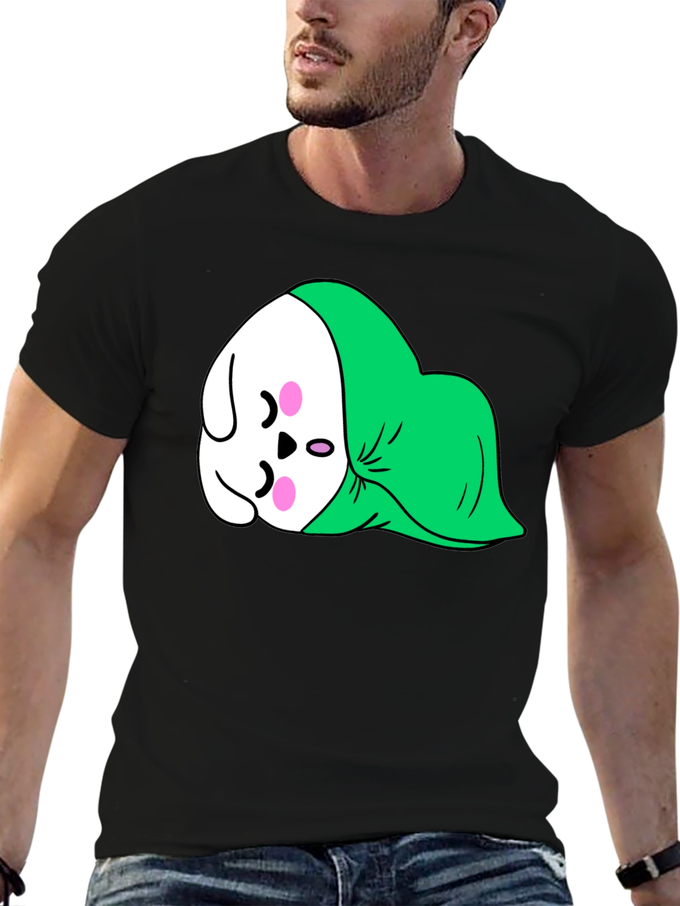 Cute Sleeping Cartoon Graphic Tee - Black
