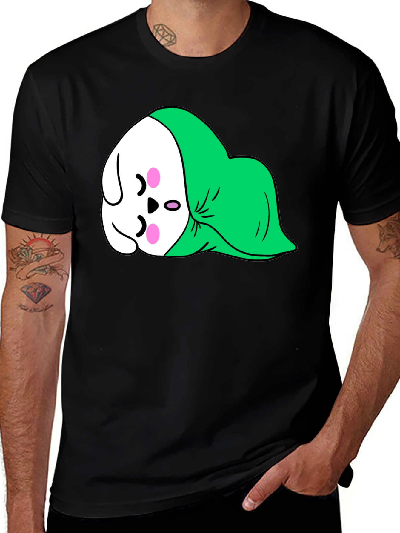 Cute Sleeping Cartoon Graphic Tee - Black