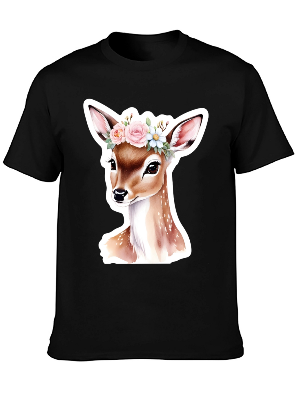 Deer Floral Crown Black T-Shirt
