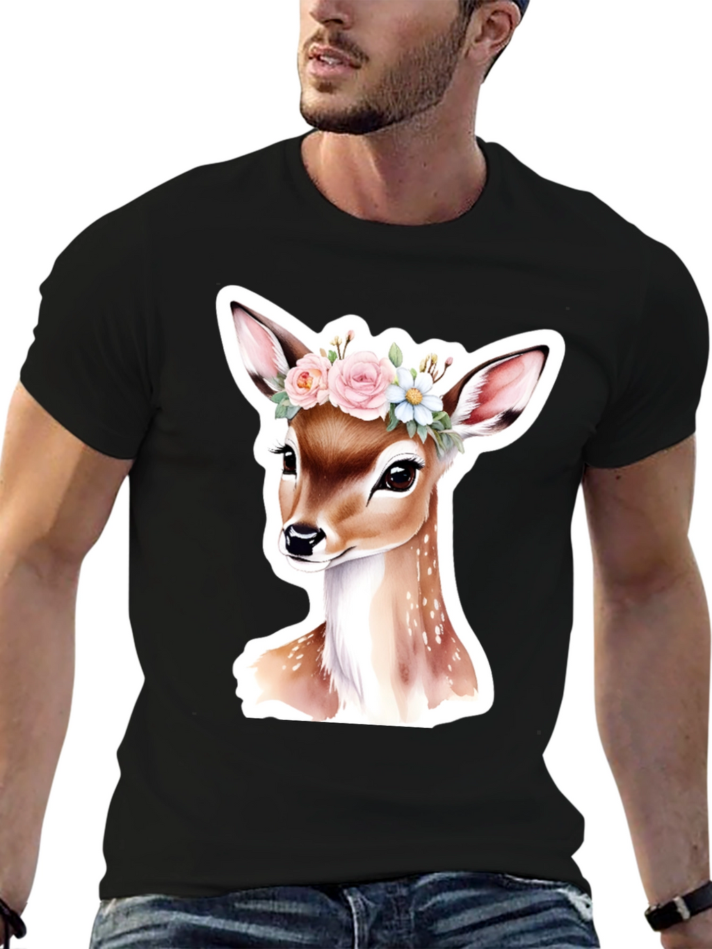 Deer Floral Crown Black T-Shirt