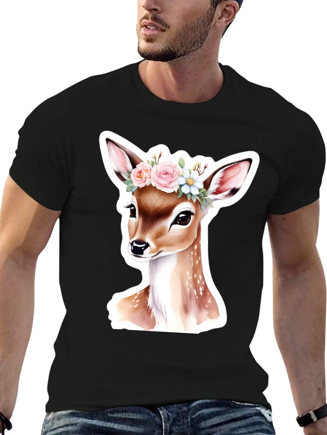 Deer Floral Crown Black T-Shirt