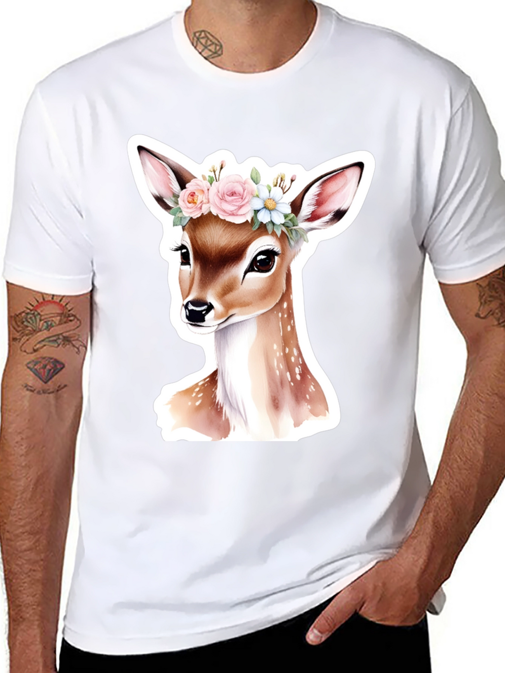 Deer Floral Crown Black T-Shirt
