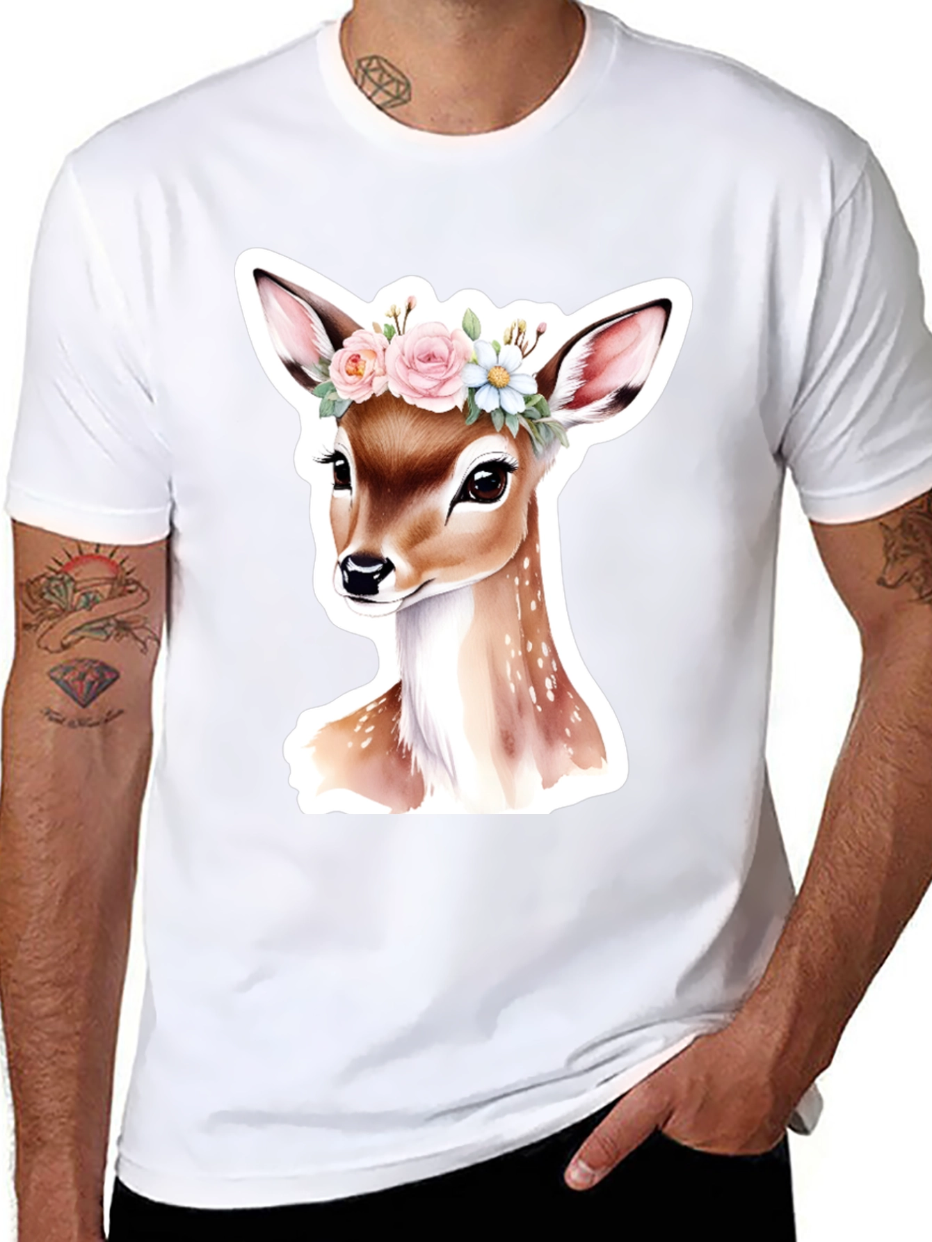 Deer Floral Crown Black T-Shirt