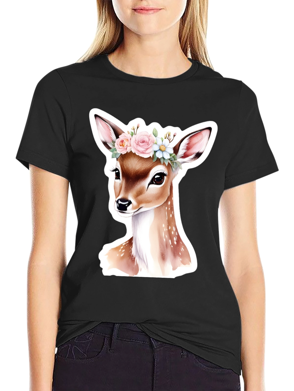 Deer Floral Crown Black T-Shirt