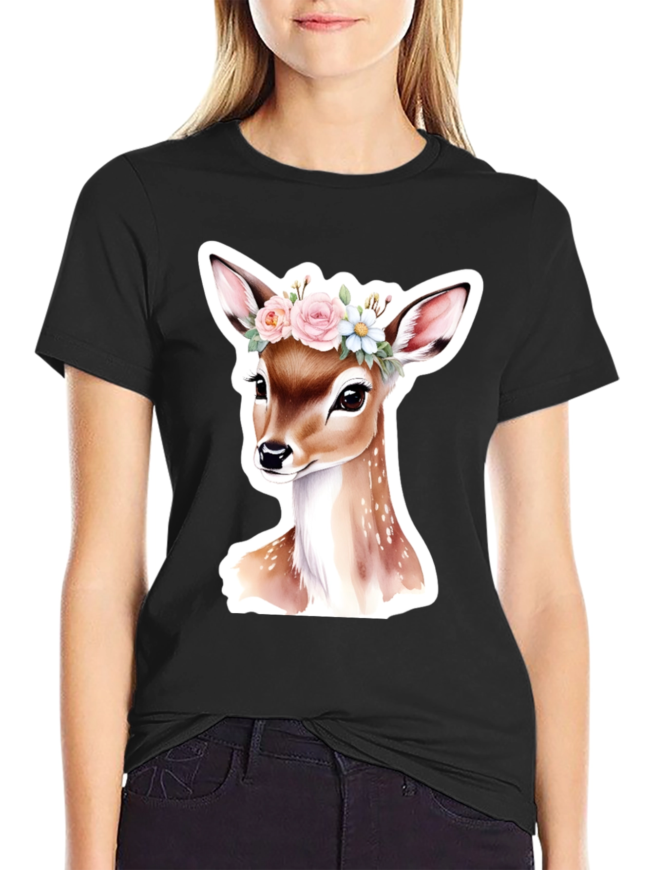 Deer Floral Crown Black T-Shirt