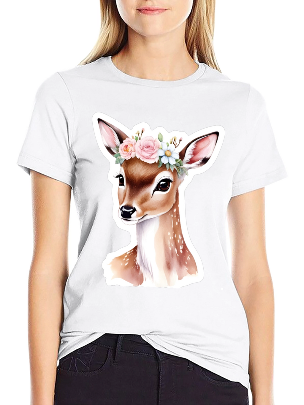 Deer Floral Crown Black T-Shirt