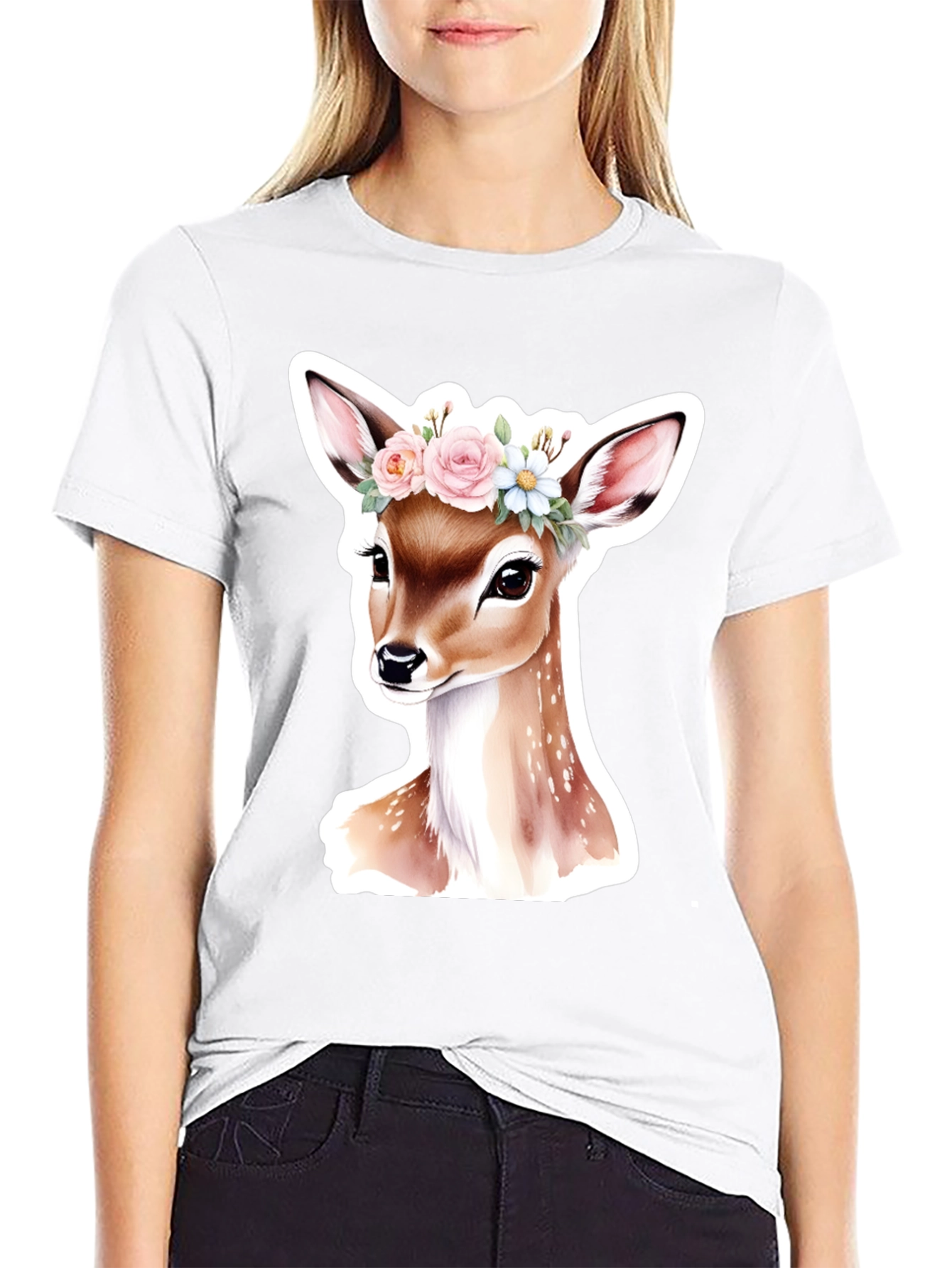 Deer Floral Crown Black T-Shirt