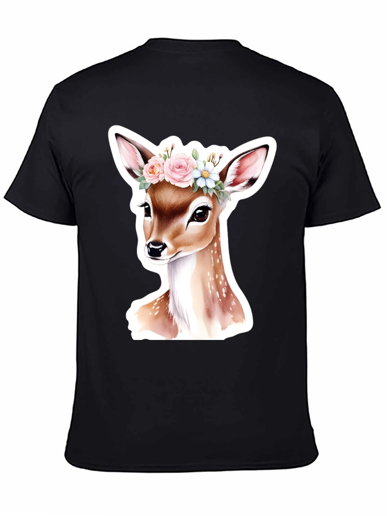 Deer Floral Crown Black T-Shirt