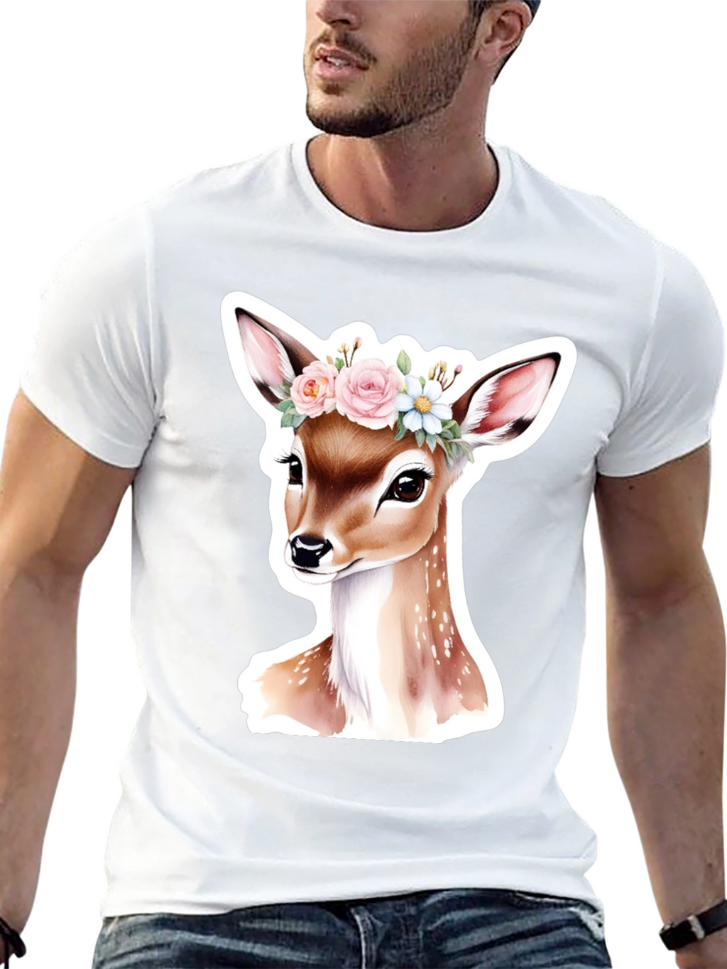 Deer Floral Crown Black T-Shirt