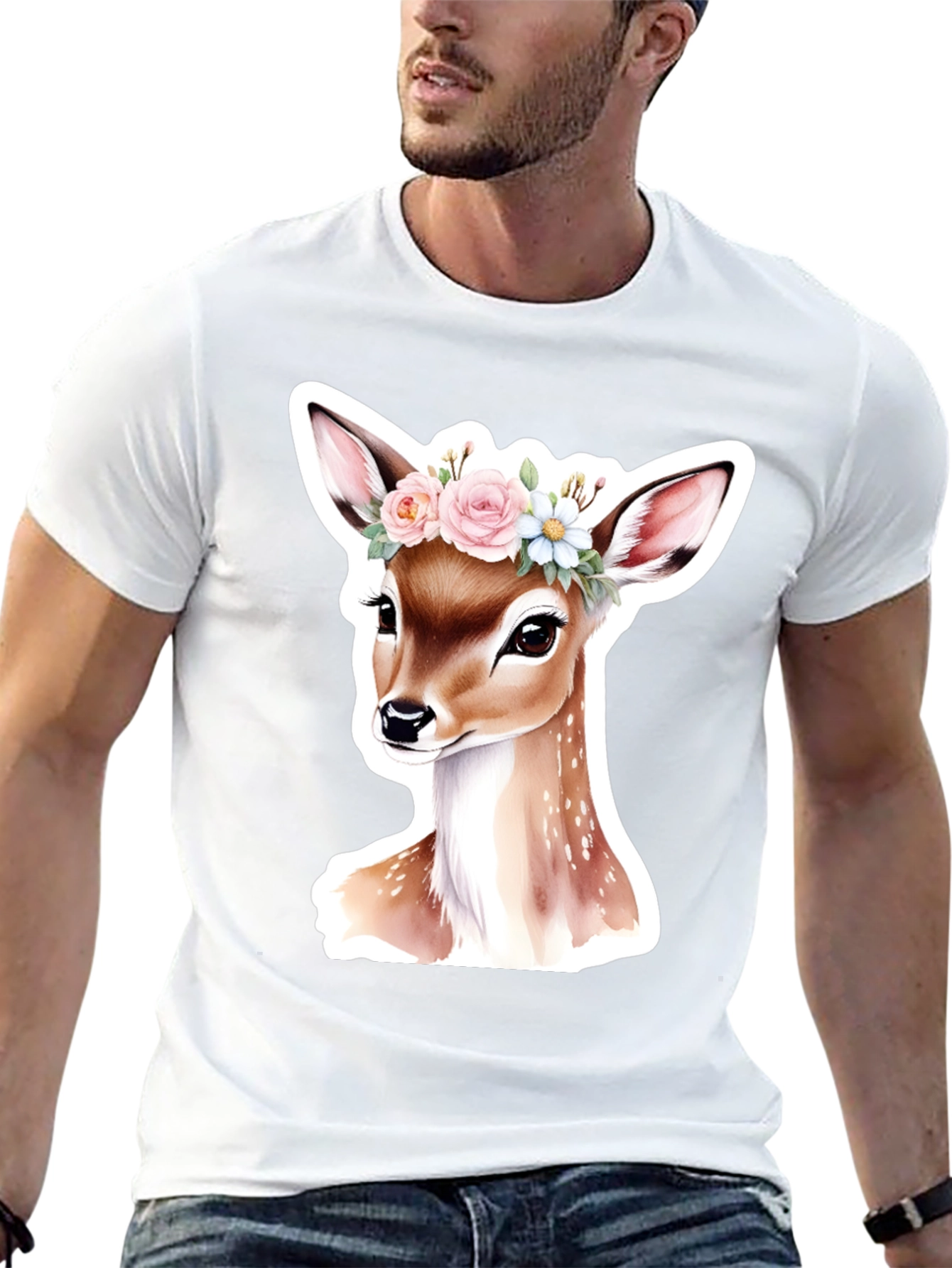 Deer Floral Crown Black T-Shirt