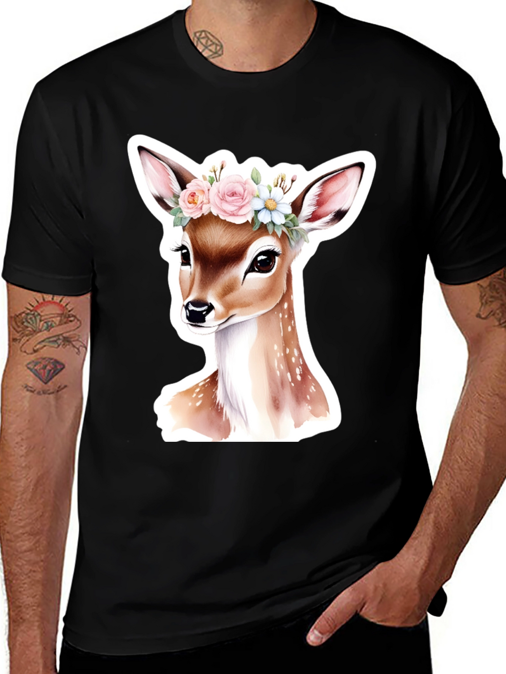 Deer Floral Crown Black T-Shirt