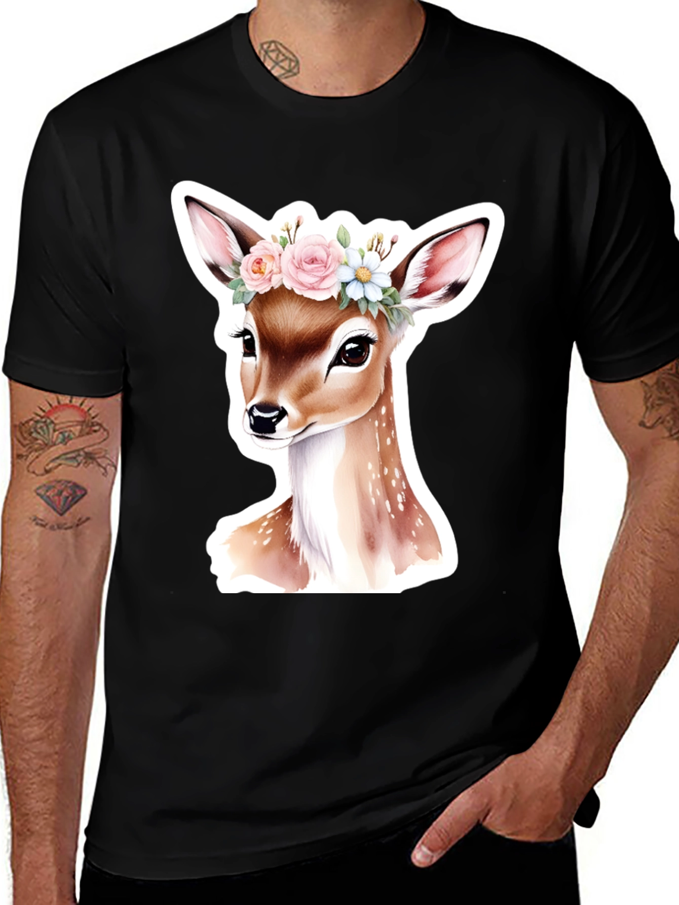 Deer Floral Crown Black T-Shirt
