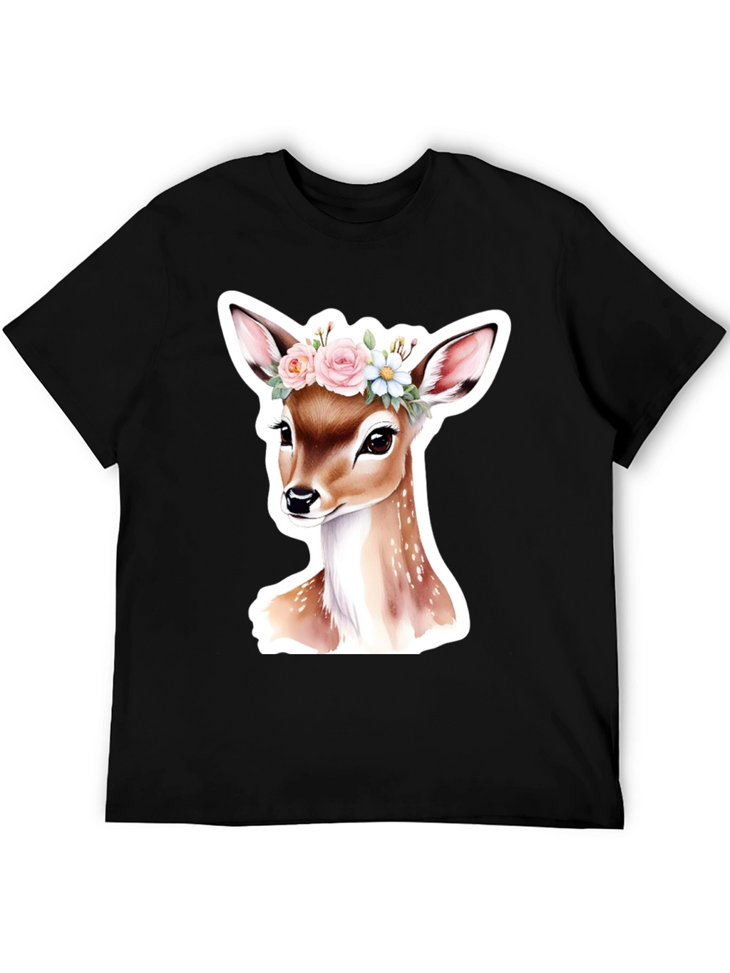 Deer Floral Crown Black T-Shirt