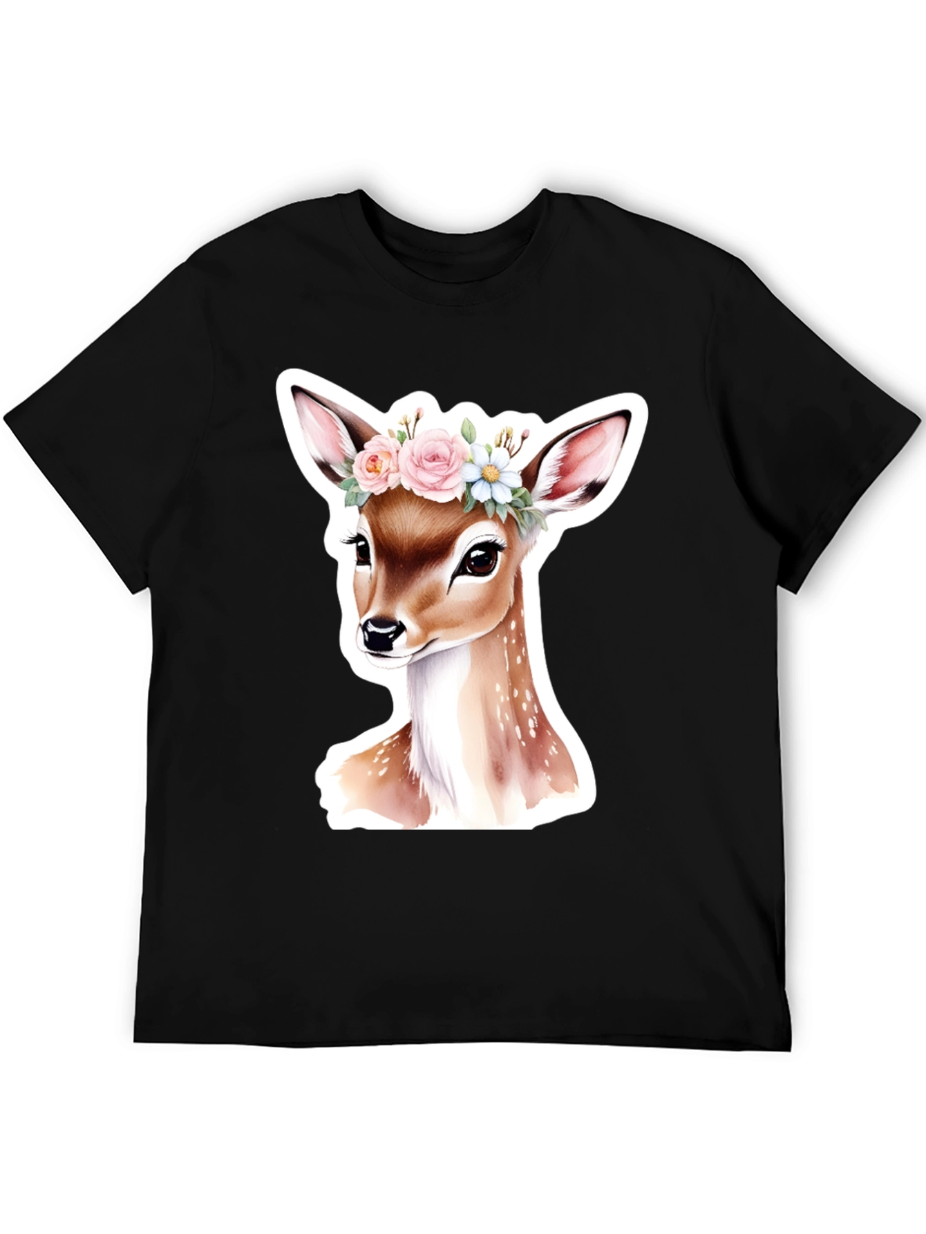 Deer Floral Crown Black T-Shirt