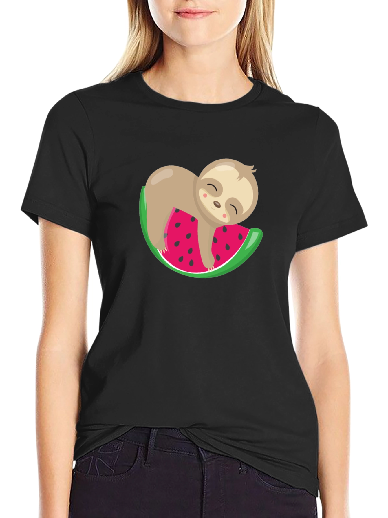 Cute Sloth Watermelon Graphic Tee - Unisex Black T-Shirt