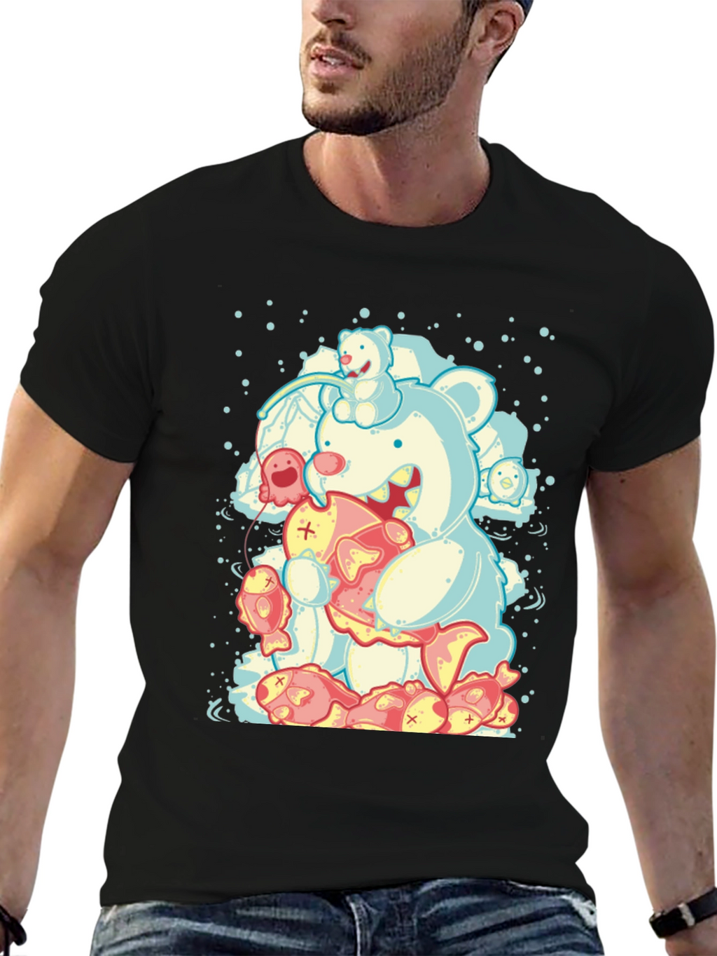 Bear Eating Fish Graphic T-Shirt